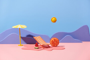 Summer time concept with beach chair, parasol, fresh