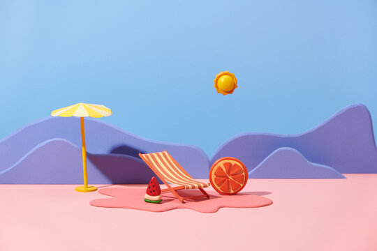 Summer time concept with beach chair, parasol, fresh