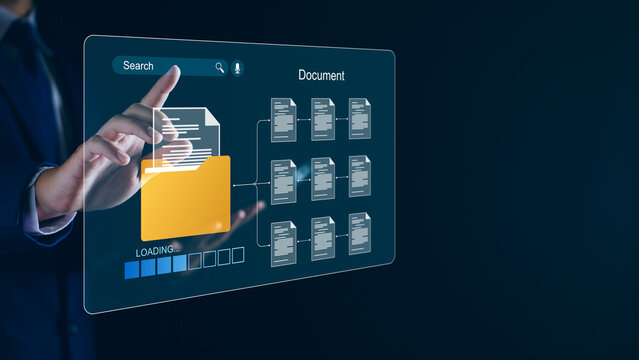 Document management and network system concept. Businessman use smart tablet loading documents in online archives ,Document management Storage and technology on digital document paperless operation.