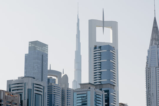 UAE, Dubai. The tops of Dubai's skyscrapers