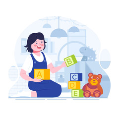 A girl playing with toys flat illustration