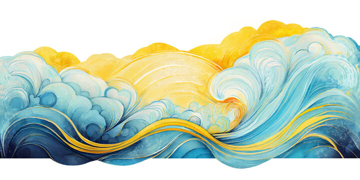 Sun ocean wave blue clouds happy splash, sunny yellow kid’s cartoon transparent ocean wave. Banner Header Travel Graphic Resource as background sunny ocean wave splashing water. Digital paint-over.