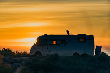 Caravan on nature in the morning at sunrise