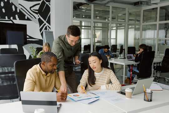 Corporate managers discusses strategy workspace meeting