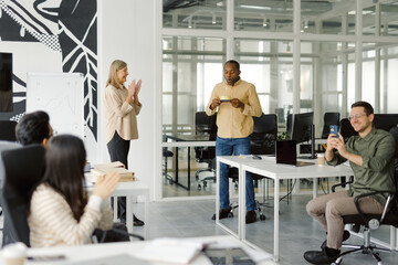 Office celebration cheerful colleagues happiness