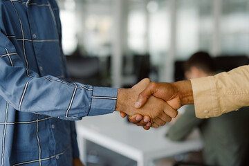Unrecognizable entrepreneur shaking hands make agreement 