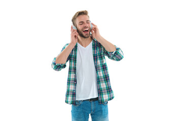 laughing man listen music isolated on white. man listen music on background. man listen music