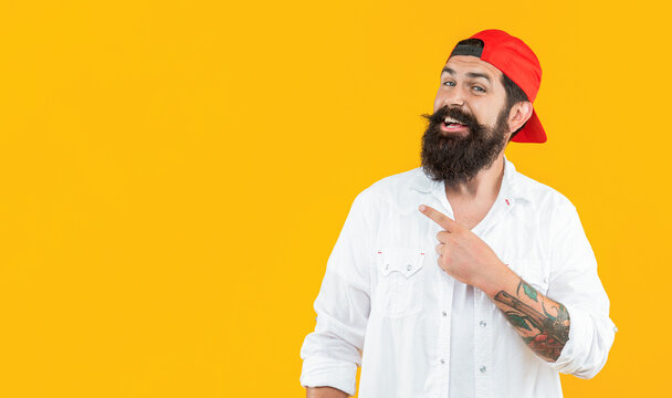 cool casual man in studio, banner. cool casual man on background. cool casual man with moustache. cool casual man isolated on yellow.