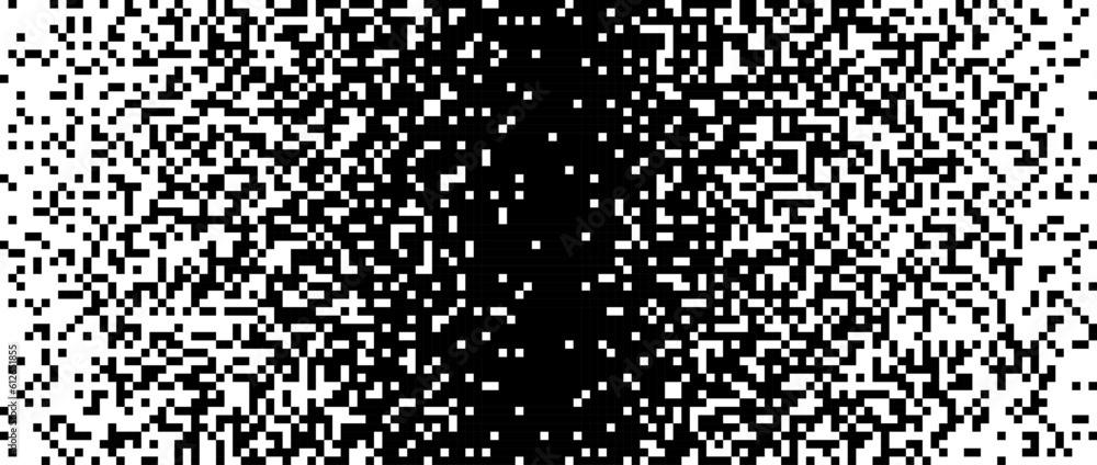 Poster Pixelated halftone gradient texture. Fading pixel noise texture. Dissolving black and white wallpaper. Vector horizontal background
