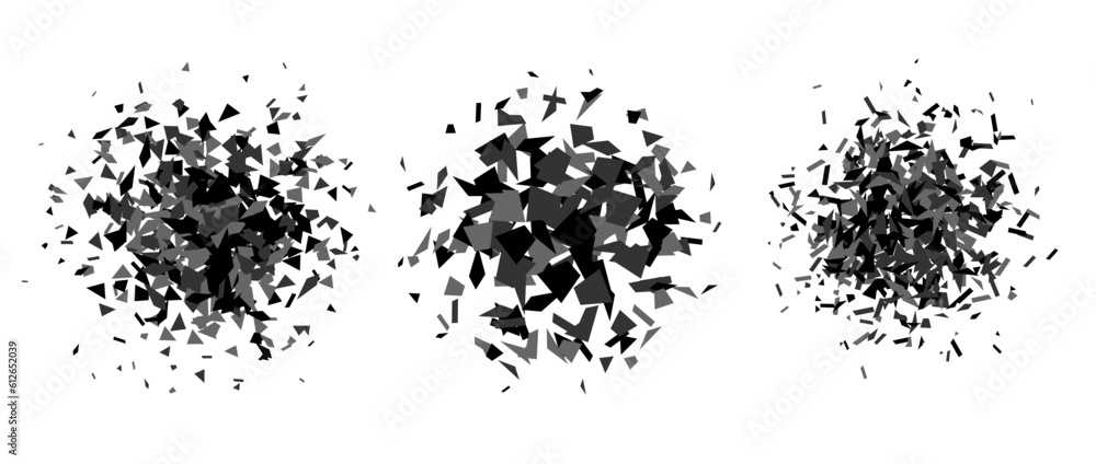 Poster set of debris and shatters in radial shape. black and grey broken pieces, specks, speckles and parti