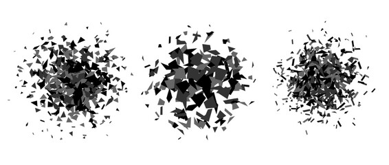 Set of debris and shatters in radial shape. Black and grey broken pieces, specks, speckles and particles. Abstract explosion and burst textured elements collection. Vector illustration 