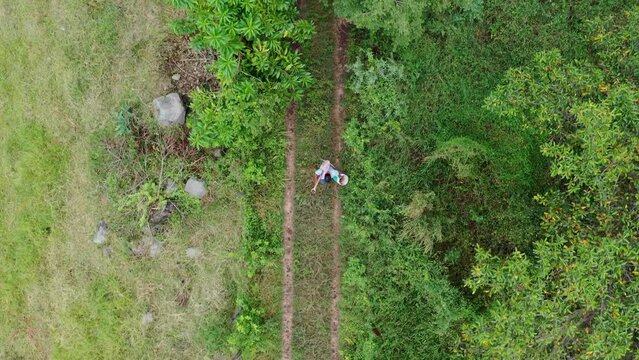 Toma a&eacute;rea de un campesino caminando en una vereda hacia sus tierras de trabajo.