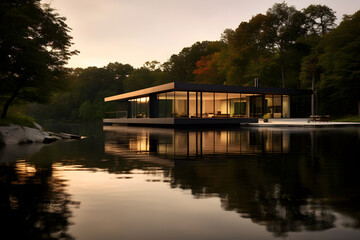Fototapeta na wymiar Modern house on the lake at sunset