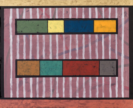 A geometric abstract painting with stripes and multicolored blocks.