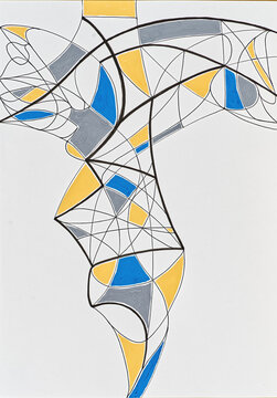 A graceful calligraphic construction in india ink and watercolor.