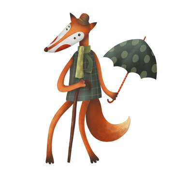 Vintage fox character with an umbrella