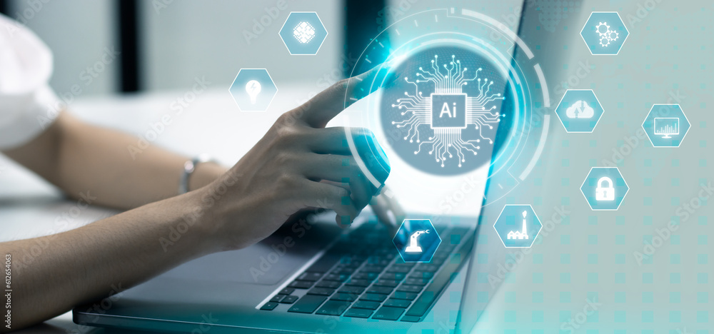 Poster woman using laptop computer connecting virtual data. ai technology. artificial intelligence.