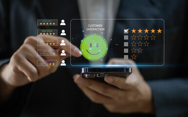 Customer review satisfaction feedback survey concept, User give rating to service experience on online application, Customer can evaluate quality of service leading to reputation ranking of business