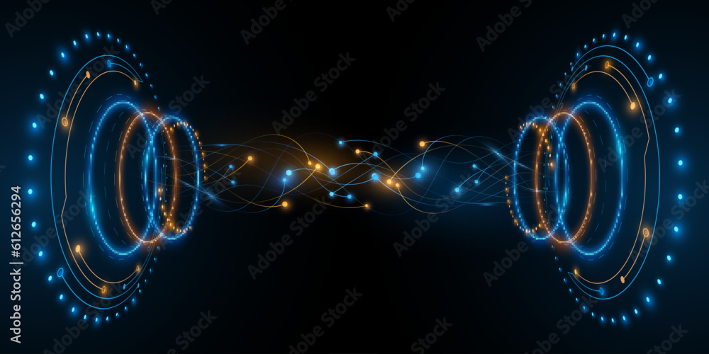 Poster digital glowing hud circles in sci-fi style with neural connectors on dark background. development o