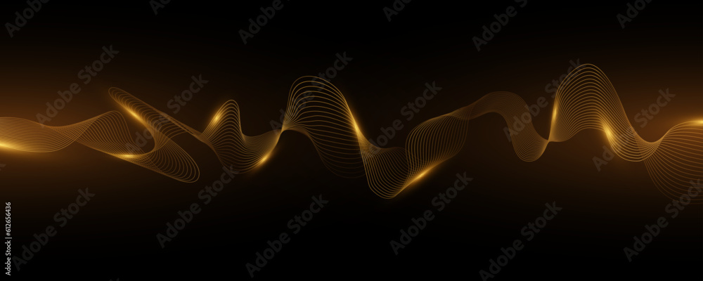 Poster abstract golden flowing wavy form on black background. dynamic sound wave with light effect. luxurio