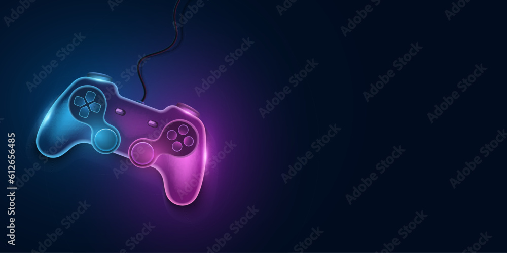 Poster modern neon gamepad with wire for video games. future joystick with light effect for game console. v