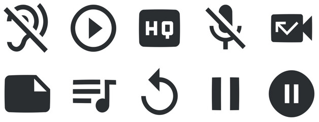 Set of 10 icons Audio and Video. Vector collection thin line Web icon. Simple Set. Linear symbols set. Big UI icon set in a flat design. Vector illustration