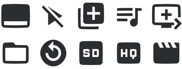 Set of 10 icons Audio and Video. Creative business solutions icon set. Outline isolated signs. Linear symbols set. Big UI icon set in a flat design. UI and UX