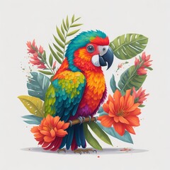 A Colorful Parrot With A Tropical Flower Background Watercolor Painting 