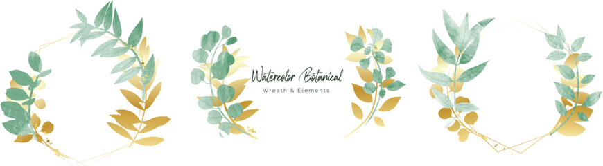 Luxury botanical gold wedding frame elements collection. Set of polygon, circle, glitters, leaf branches, eucalyptus. Elegant foliage design for wedding, card, invitation, greeting.