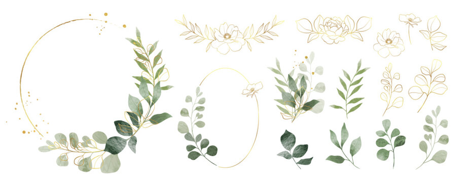 Luxury Botanical Gold Wedding Frame Elements Collection. Set Of Circle, Glitters, Leaf Branches, Flower, Eucalyptus. Elegant Foliage Design For Wedding, Card, Invitation, Greeting.