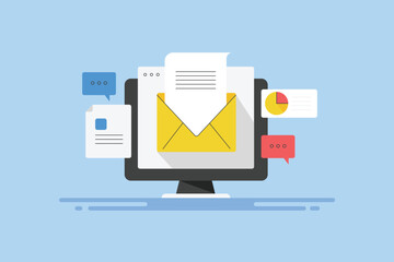 Business communication marketing email message on computer screen, chat bubble and sending document with email, Vector illustration web banner template.