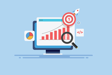 SEO ranking development, website traffic increase graph with rocket speed, data and information monitoring with magnifier, vector illustration banner.