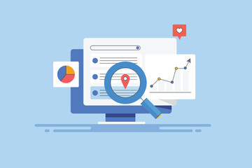 Fototapeta premium Search marketing and seo ranking data analytics, information report graph on dashboard, digital business concept, vector illustration banner.