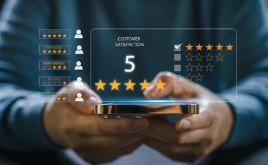 Customer review satisfaction feedback survey concept, User give rating to service experience on online application, Customer can evaluate quality of service leading to reputation ranking of business