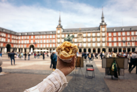 Fried calamari sandwich in Plaza Mayor, Madrid, Spain
