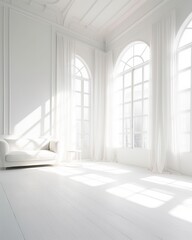 Fototapeta na wymiar Interior of a very luxurious white house with high ceiling and fancy armchair and shun rays and shadows. Scandinavian minimal decor design look. Generated AI. Generated AI.