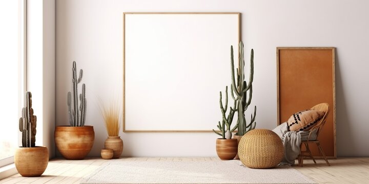 Simple empty white wooden frame mockup on simple pastel wall with sun rays and shadows. Minimal home interior design idea. Scandinavian minimal decor design look. Generated AI.