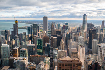 Aerial view of Chicago downtown high rise buildings and lake Michigan