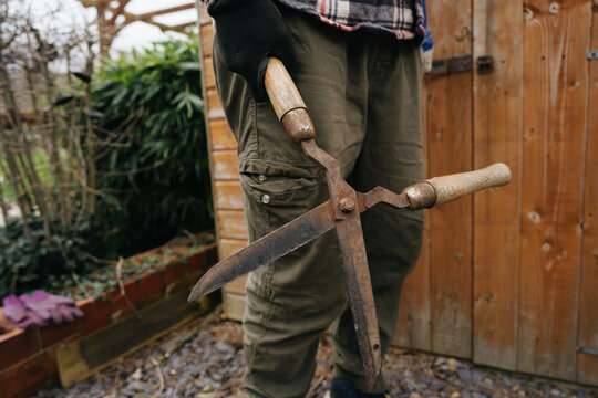 Garden shears in the man's hands