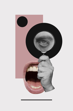 Collage art with open mouth and Hand Holding Magnifying Glass