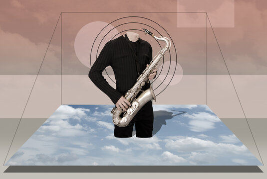 Collage in surrealism style with headless man holding saxophone