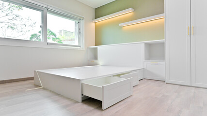 Bedroom interior made with custom-made furniture is unified