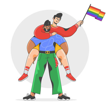 LGBT pride illustration of multiracial guy men holding a flag.