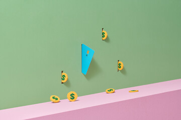 Coins with Credit or debit card floating on green background