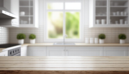 Fototapeta na wymiar Empty wooden table with kitchen in background