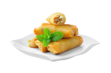 Fried Chinese Traditional Spring rolls food in ceramic plate (beautiful shape) on transparent png