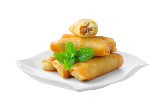Fried Chinese Traditional Spring rolls food in ceramic plate (beautiful shape) on transparent png
