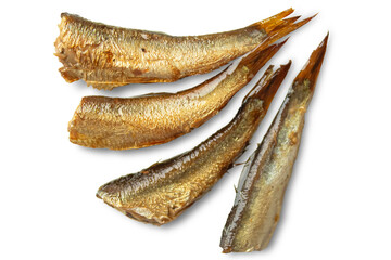Several smoked fish sprats isolated on transparent background. Canned fish, top view.