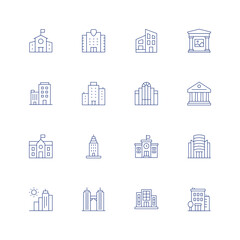 Building line icon set on transparent background with editable stroke. Containing middle school, migration, modern house, museum, office building, office, parliament, politics, school, skyscraper.