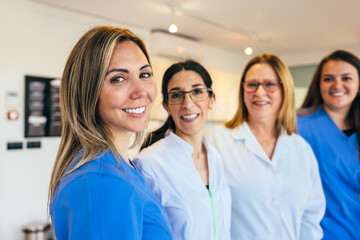 Cheerful women in medical uniform staring at camera